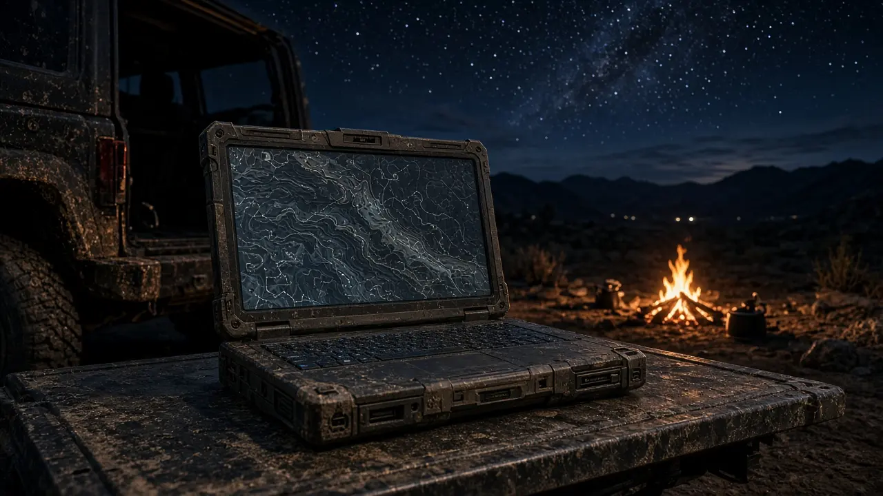 Laptop on a tailgate beside a night campfire