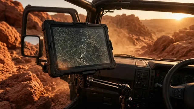 Dash-mounted rugged tablet with red rock country beyond the windshield