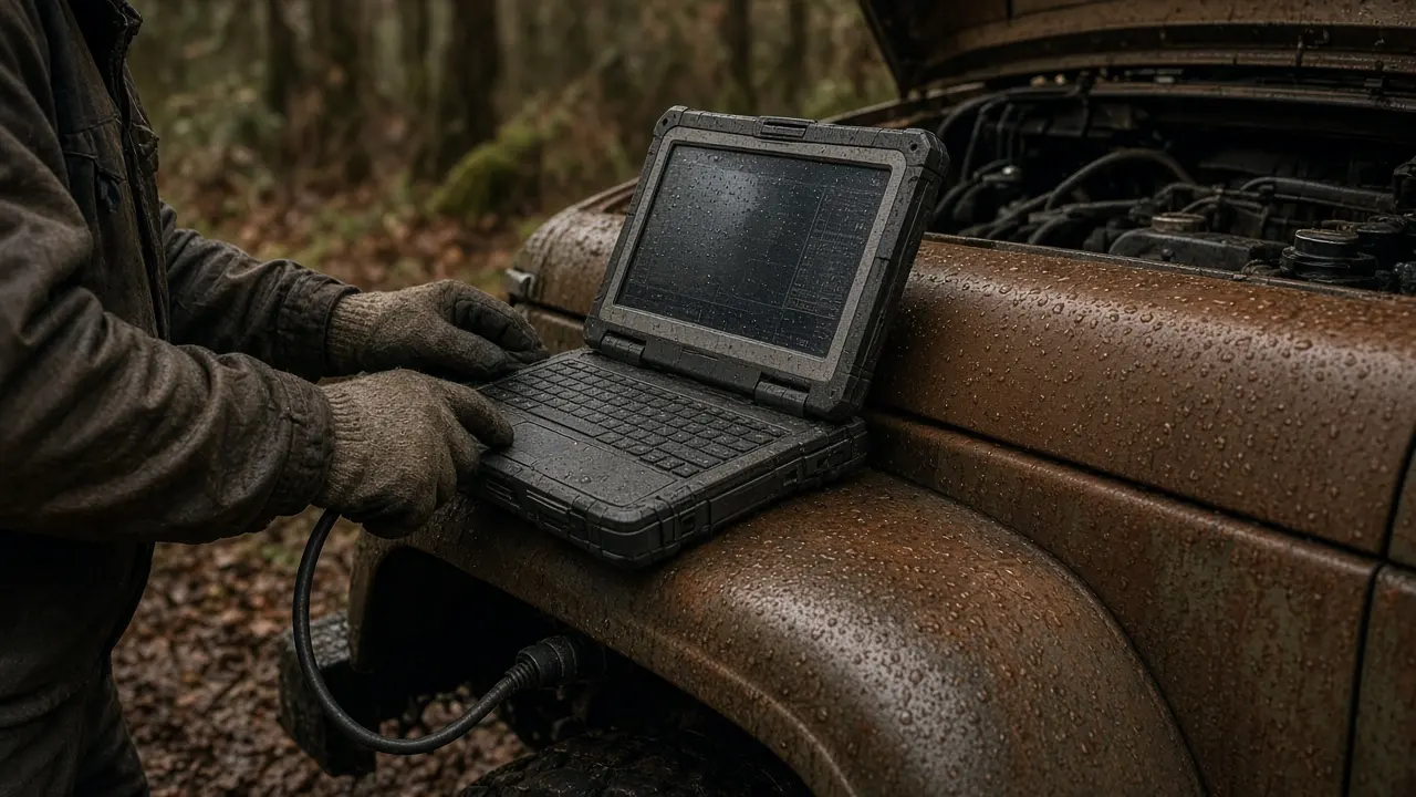 Gloved hands running diagnostics on a laptop resting on a fender in the rain