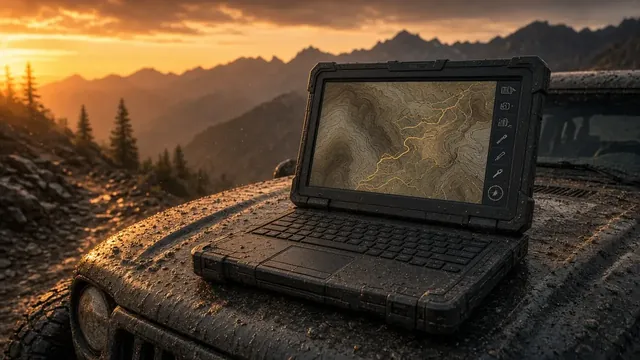 Rugged laptop on a muddy Jeep hood at sunset