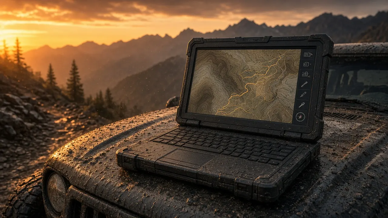 Rugged laptop on a muddy Jeep hood at sunset