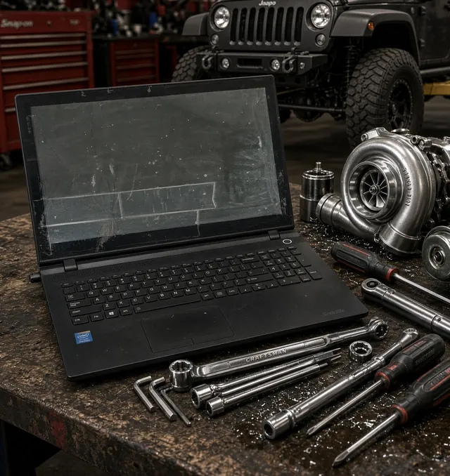 Laptop and tools on a shop workbench with a Jeep behind